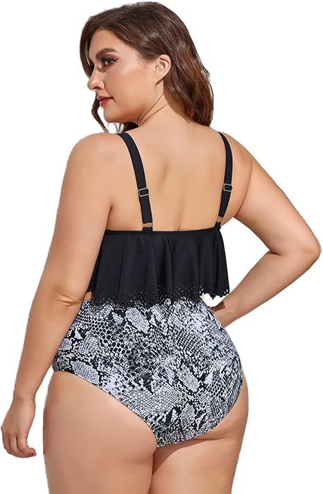Photo 1 of  Mooncore Womens Plus Size Swimsuit High Waisted Tankini Bathing Suits Two Piece Flounce Bikini Swimsuit 3xl Pink cheeta print bottoms.