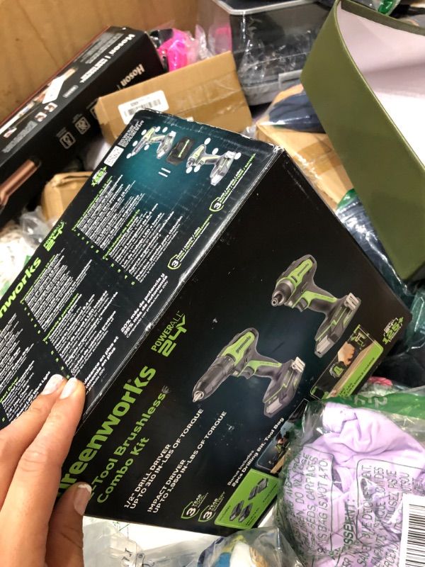 Photo 1 of (ONLY ONE BATTERY) Greenworks 24V Brushless Cordless Drill and Impact Driver,Power Tool Combo Kit Included 1/2”Drill & 1/4”Hex Impact Driver and (2) Batteries, Fast Charger, 2 pcs Drill Bit Set & Bag