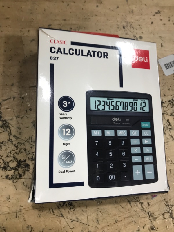 Photo 1 of Calculator, Deli Standard Function Desktop Calculators with 12 Digit Large LCD Display and Sensitive Button, Solar Battery Dual Power Office Calculator, Black