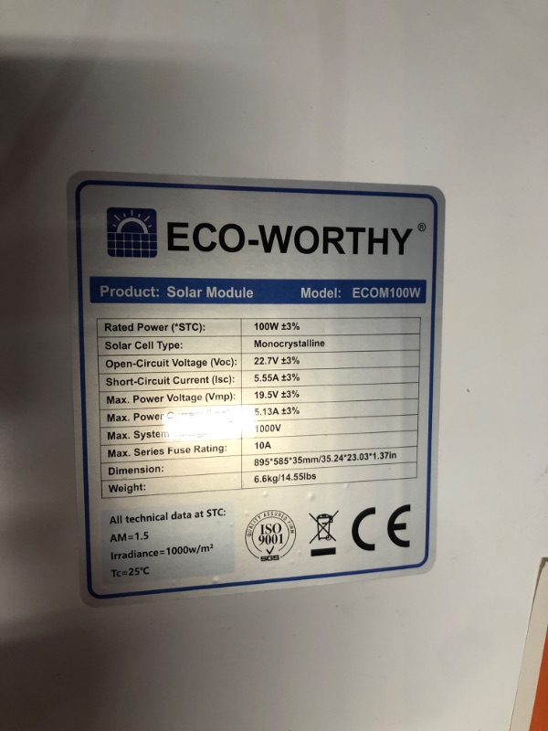 Photo 1 of ***DAMAGED - SEE PICTURES - UNABLE TO TEST***
Eco-Worthy 100W 12V Monocrystalline Rigid Solar Panels, 2 Pack (ECOM100W)
