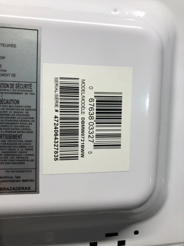 Photo 1 of ***DAMAGED - DENTED - POWERS ON - UNABLE TO TEST FURTHER - SEE PICTURES***
Danby DBMW0721BWW 0.7 cu. ft White Countertop Microwave