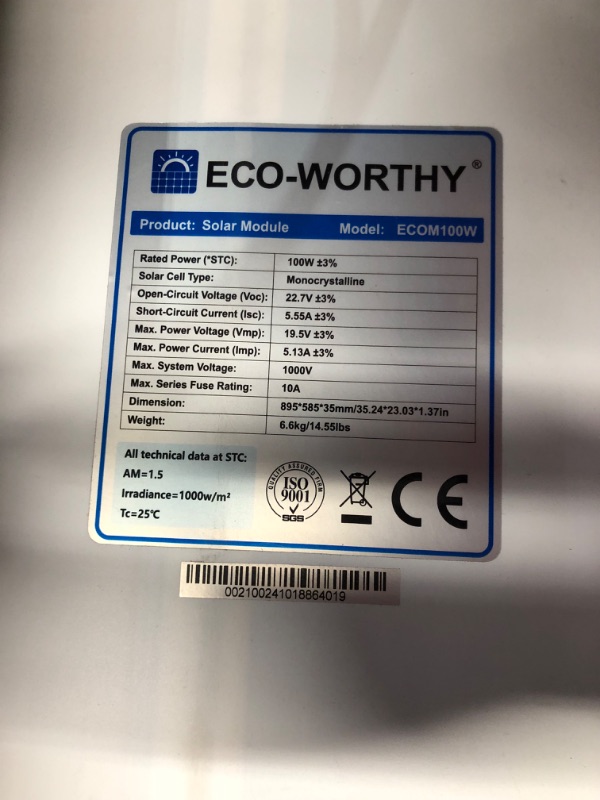 Photo 1 of ***INCOMPLETE - MISSING ACCESSORIES - SEE PICTURES***
ECO-WORTHY 100 Watts 12 Volt/24 Volt Rigid Solar Panel ECOM100W