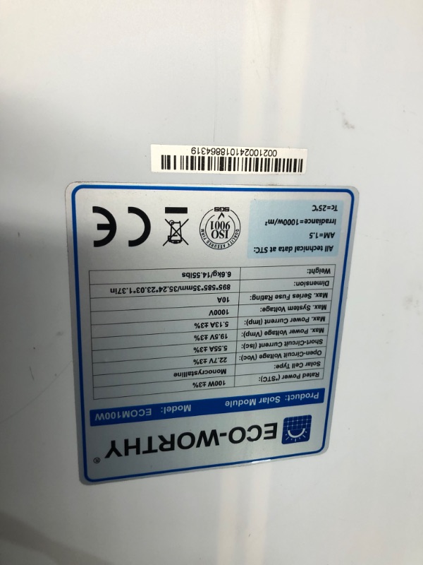 Photo 1 of ***INCOMPLETE - MISSING ACCESSORIES - SEE PICTURES***
ECO-WORTHY 100 Watts 12 Volt/24 Volt Rigid Solar Panel ECOM100W