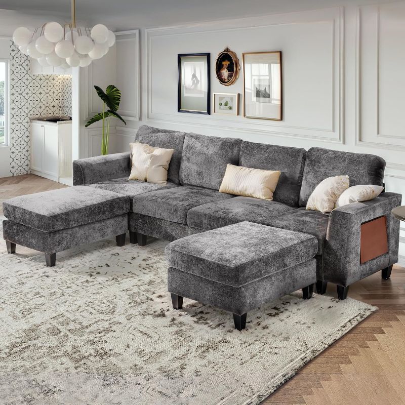 Photo 1 of ***PARTIAL SET box 1 of 2 - PRICE ADJUSTED*** COLAMY 118" U-Shaped Sectional Couch, 4-Seat Modular Sofa with 2 Ottomans and Foldable Side Table, Grey for Living Room
