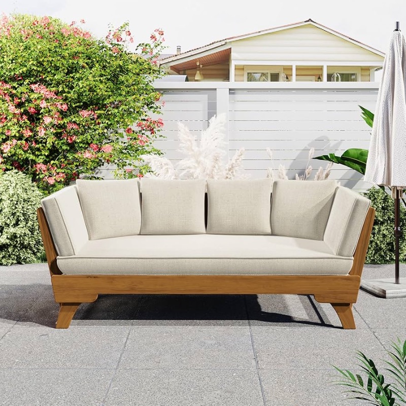 Photo 1 of ***TRUCK/TRAILER PICKUP ONLY*** Merax Outdoor Patio Daybed Sofa,3-Seat Sofa with Foldable Arm 4 Back Pillows,Teak Acacia Wood Frame Beige Removable Cushion,Teak+ Beige