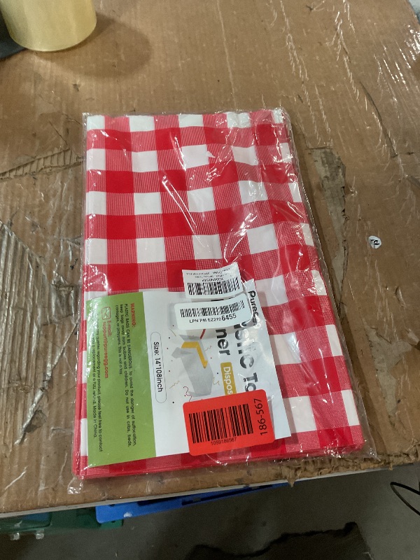 Photo 1 of Pureegg Gingham Plastic Table Runners - 10 Pack, 14'' x 108'', Water Resistant & Disposable Plaid Centerpiece Decorations for Table Cloth, Birthday, Holiday, Party, Red and White Checkered Home Decor