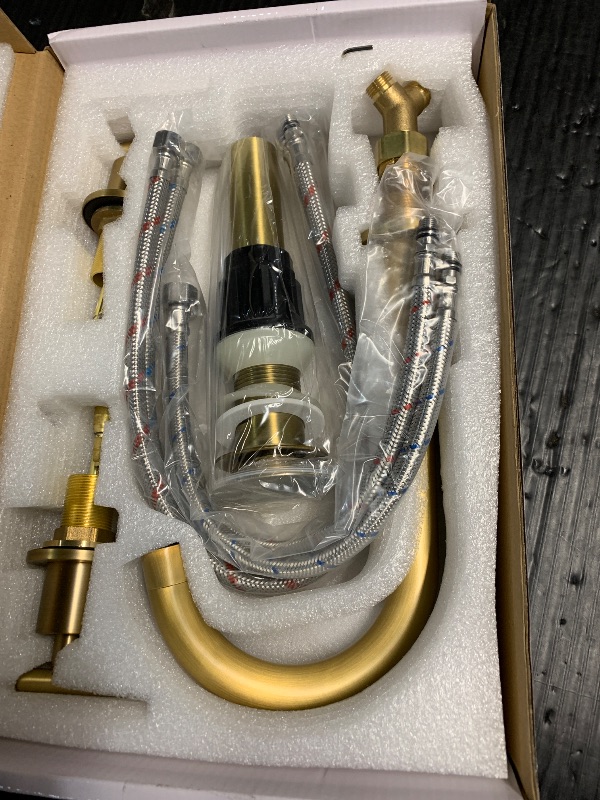 Photo 1 of ***(USED/ UNKNOWN IF MISSING PARTS)***GGStudy 2-Handle Bathroom Faucet 3 Holes 360 Swivel Spout Antique Brass Widespread Bathroom Sink Faucet with Pop Up Drain