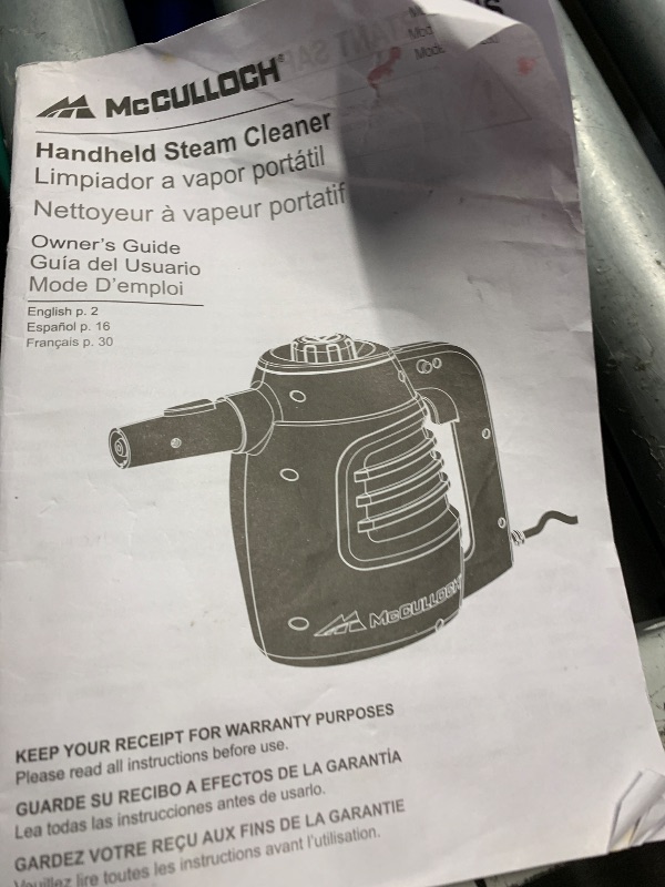 Photo 1 of (unknown if complete) McCulloch MC1230 Handheld Steam Cleaner, 10 Minute Runtime, 11 Accessories: Jet Nozzle, Brushes, & More - 