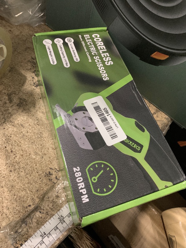 Photo 1 of (USED/FAIR) (MISSING BATTERY/CHARGER) Cordless Electric Scissors Box Cutter 2 Rotary Blades – 4V Duty Rechargeable Cardboard Cutter, Storage Box & Fabric Scissor With Safety Lock, USB Cable – For Plastic, Carpet, Leather, DIY Crafts