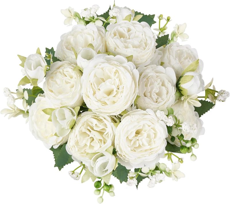 Photo 1 of  Artificial Peonies Realistic Flowers with Stems Bouquet Peonies for Table Centerpieces Wedding Decoration Bridal Floral Arrangement (White pack of 4