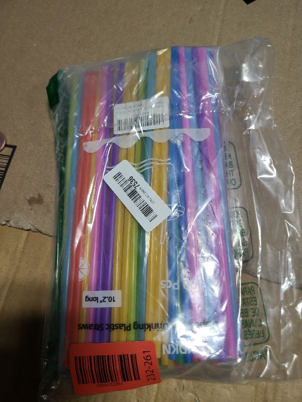Photo 1 of 100 Pcs Colorful Plastic Long Disposable Drinking Straws. (0.23''diameter and 10.2"long)