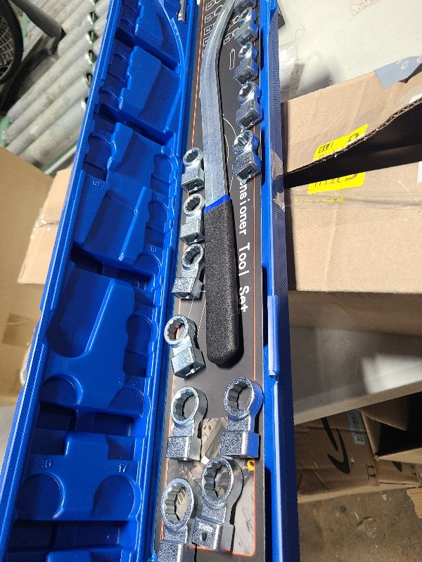 Photo 1 of 15PCS Universal Auxiliary Idler Belt Tensioner Pulley Removal Tool Kit, 12-Point 12-19mm (0.47"-0.74") Serpentine Belt Tension Pulley Wrench Set, Engine Timing Belt Tensioning Nut Bolt Screw Remover