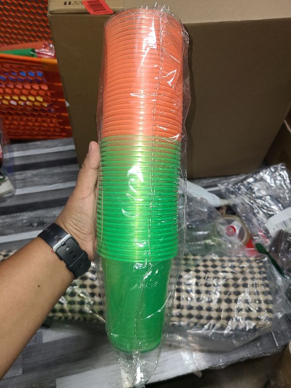 Photo 1 of 12 Oz Neon Plastic Cups - Disposable Glow Party Cup, Glow-in-the-Dark Cup, Cute Clear Drinking Cup for Cocktail, Under UV Black Light Light Up Cups Bulk for Birthday Mardi Gras Christmas *ONLY 50 PCS, GREEN AND ORANGE*