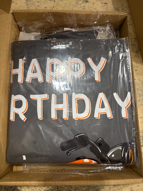 Photo 1 of ***PARTIAL SET/MISSING PIECES*** MEHOFOND Motorcycle Birthday Decorations for Boys Orange Black Balloon Arch Kit Happy Birthday Banner with Plastic Tablecloth Motocross Racing Balloon set Dirt Bike Birthday Party Decoration