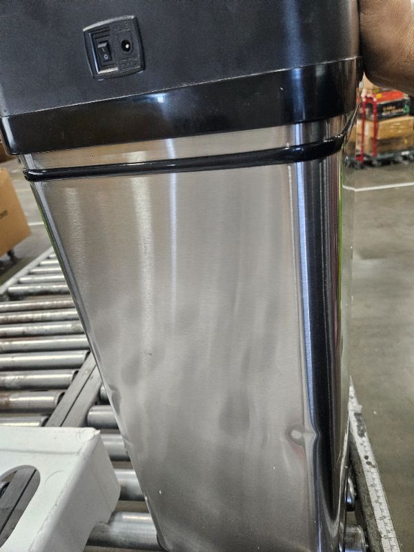 Photo 1 of *** has some dents from shipping, missing power cord ***  iTouchless 50 Liter / 13 Gallon Kitchen Trash Can with AC Adapter, Lid & Odor Filter – Motion Sensor Stainless Steel Garbage Bin for Home, Office, or Garage – Slim, Large Capacity Design