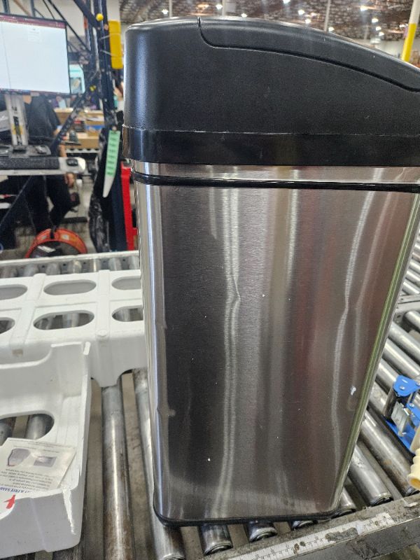 Photo 1 of *** has some dents from shipping, missing power cord ***  iTouchless 50 Liter / 13 Gallon Kitchen Trash Can with AC Adapter, Lid & Odor Filter – Motion Sensor Stainless Steel Garbage Bin for Home, Office, or Garage – Slim, Large Capacity Design