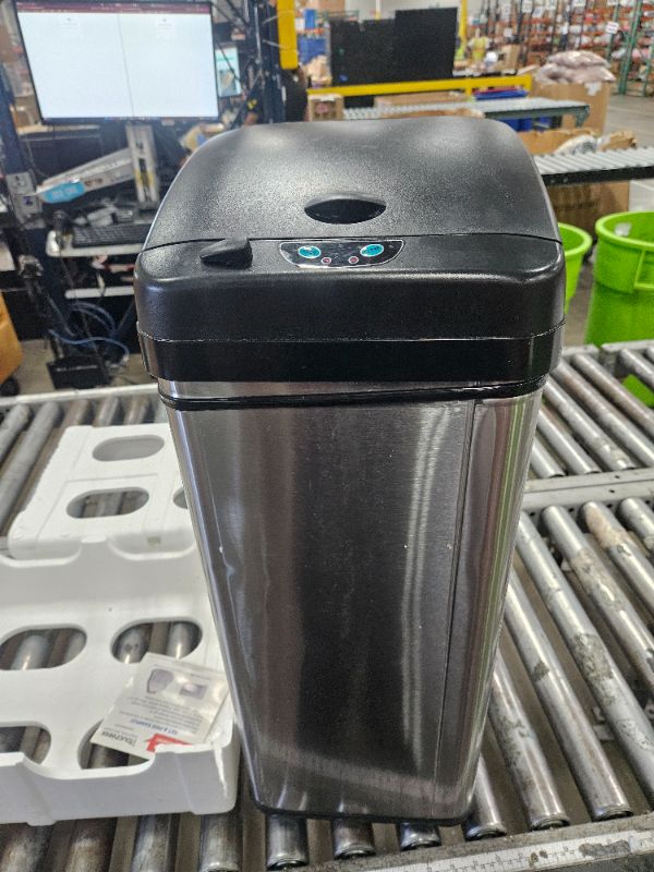 Photo 1 of *** has some dents from shipping, missing power cord ***  iTouchless 50 Liter / 13 Gallon Kitchen Trash Can with AC Adapter, Lid & Odor Filter – Motion Sensor Stainless Steel Garbage Bin for Home, Office, or Garage – Slim, Large Capacity Design