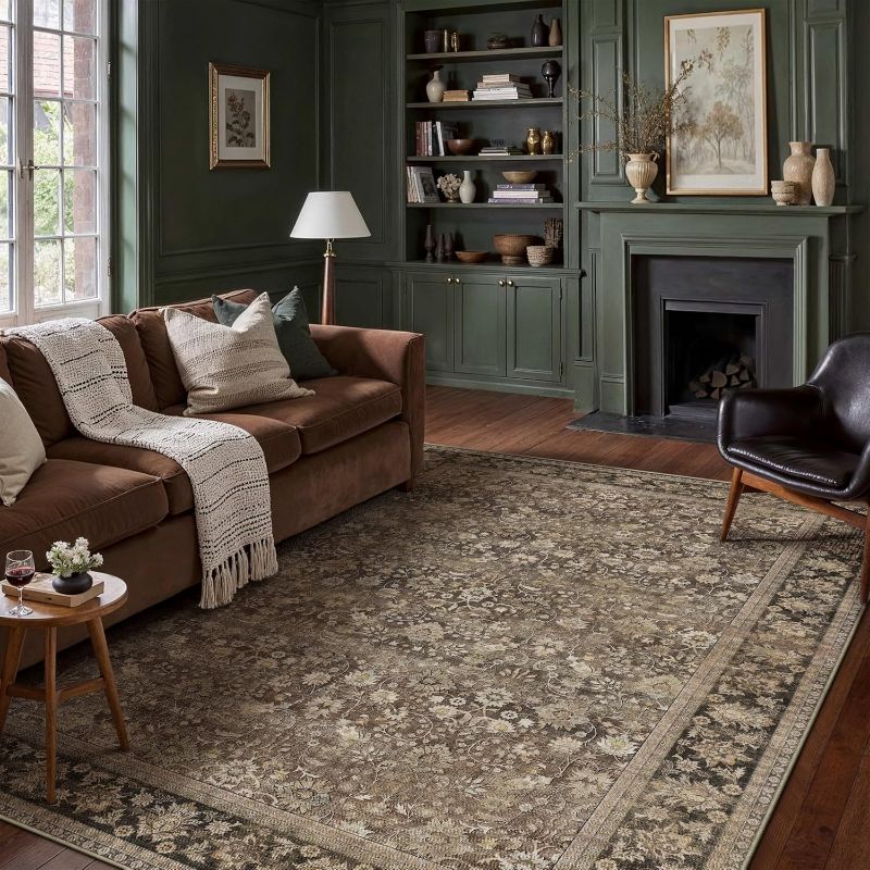 Photo 1 of **MSRP 109.99** 8x10 Machine Washable Rugs Brown Hallway Large Area Rug Indoor Accent Rug Floral Low Pile Carpet Soft Throw Aesthetic Rug Bedroom Living Room Office Dining Room Kitchen Laundry Room

