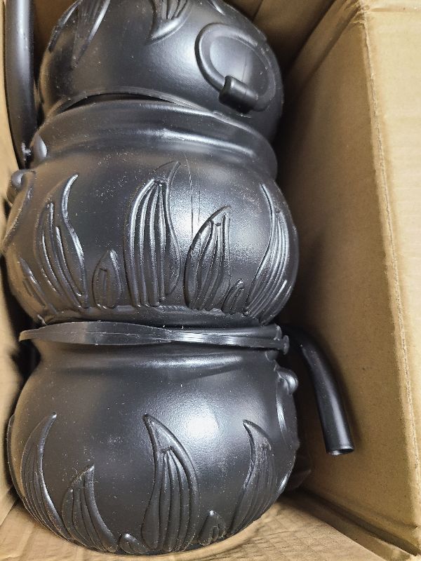 Photo 1 of 12 PCS Cauldron Halloween Decor, Large and Mini Black Plastic Hanging Cauldrons Serving Set, Spooky Witches Cauldron Desserts Candy Serving Bowls for Table Indoor Home Hocus Pocus Party Decorations