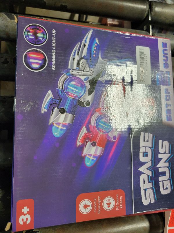 Photo 1 of 2 Pack Electric Toy Space Guns, Red & Blue Space Ranger Blaster Pistols for Kids Pretend Play with Flashing LED Lights and Blasting Laser FX Sound Effects