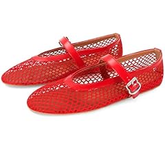 Photo 1 of  Women's Mesh Ballet Flats Fishnet Ballerina Flats Buckle Strap Mary Jane Flats Causal Daily Dress Shoes Red 8.5