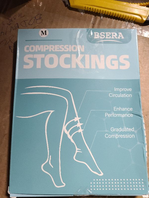Photo 1 of 2 Pairs Sheer Compression Socks for Women - 15-20 mmHg Knee High Sheer Compression Stockings for Support Circulation Swelling Edema Work Office Travel, Beige, Medium