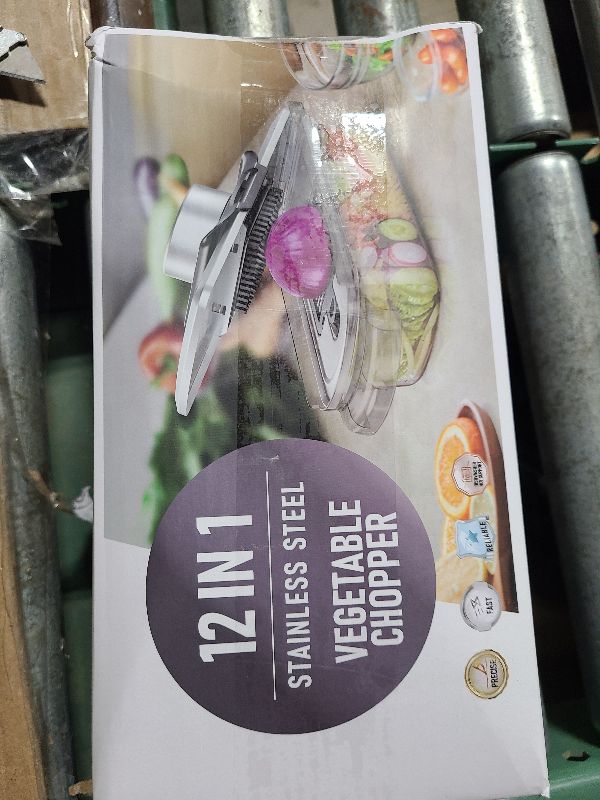 Photo 1 of 12-in-1 Vegetable Chopper, Mandoline Food Slicer for Kitchen, Cheese Grater, Veggie Chopper with Container, Vegetable Cutter for Onion, Salad and Fruit- Stainless Steel, Home Essential Tools
