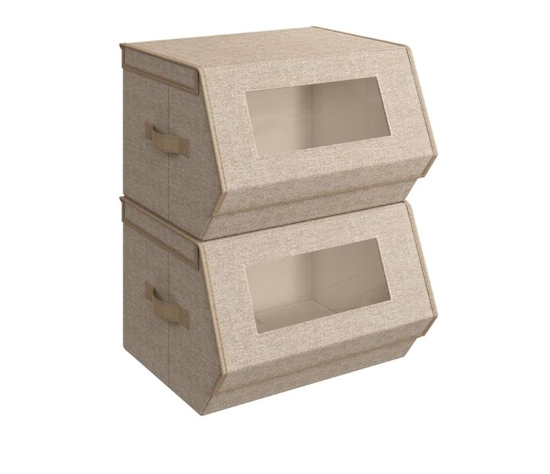 Photo 1 of  Stackable Storage Bins Set of 2, Storage Boxes with Lids and Front Windows, Non-Woven Fabric Closet Organizers with Magnetic Closures, Side Handles, Sand Beige URLB002Y01