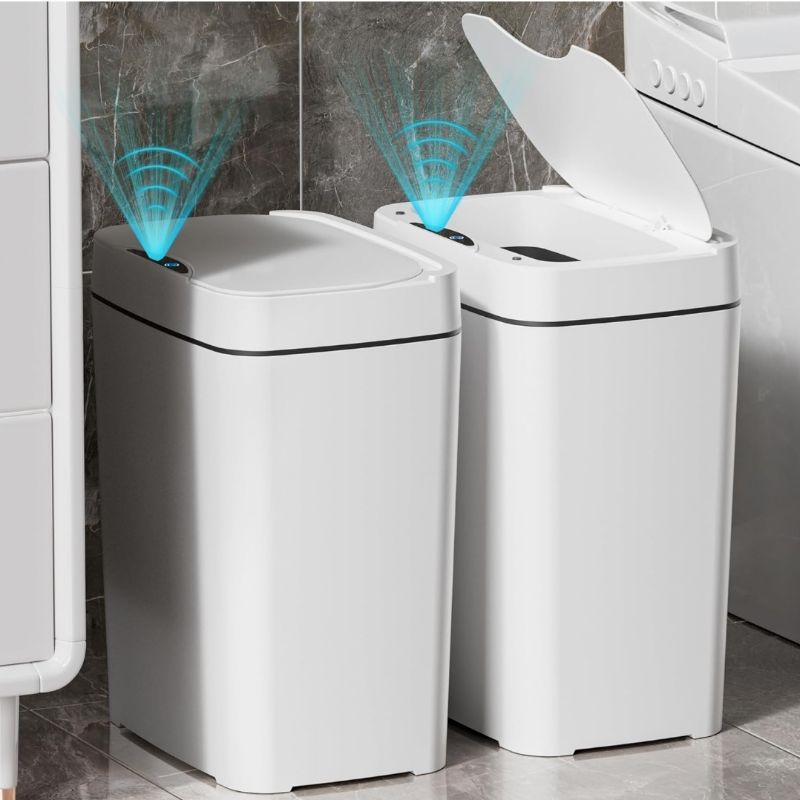Photo 1 of 2 Pack 2.7 Gal Bathroom Trash Can with Lid, Automatic Trash Can Small Smart Garbage Can Touchless, Slim Motion Sensor Waterproof Plastic Trash Bins for Bedroom Office Kitchen Toilet