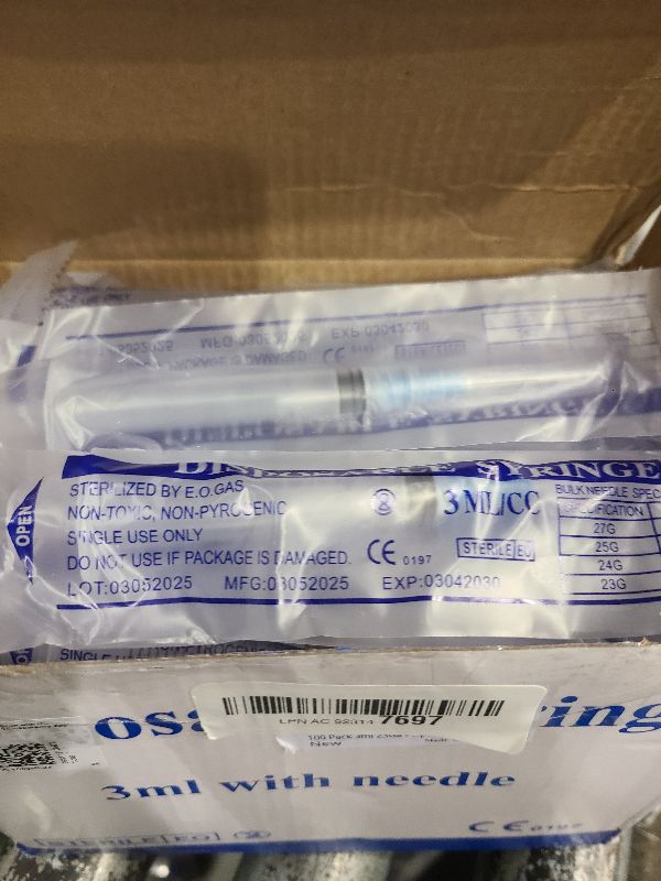 Photo 1 of 100 Pack 3ml 23Ga Plastic Syringe with Measurement for Scientific Labs, Industrial Dispensing Animal and Pet Supplies, Disposable Individually Wrapped (100, 3ml-23Ga)