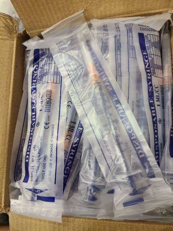 Photo 1 of 100 Pack 1ml/cc Plastic Luer Slip Syringa with 25Ga and Cap, Individually Sealed Wrapped, for Scientific Labs, Measuring Liquid, Refilling Cartridges or Glue Applicator