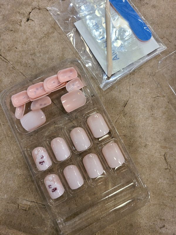 Photo 1 of 24pcs Press on Nails Short Square Fake Nails Petite White Pink Gradient False Nails Acrylic Nail with French Colorful Floral Designs Artificial Nail Glossy Stick on Nails for Women and Girls Summer