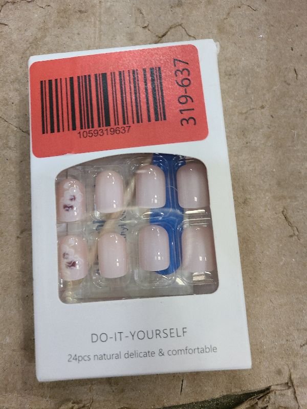 Photo 1 of 24pcs Press on Nails Short Square Fake Nails Petite White Pink Gradient False Nails Acrylic Nail with French Colorful Floral Designs Artificial Nail Glossy Stick on Nails for Women and Girls Summer