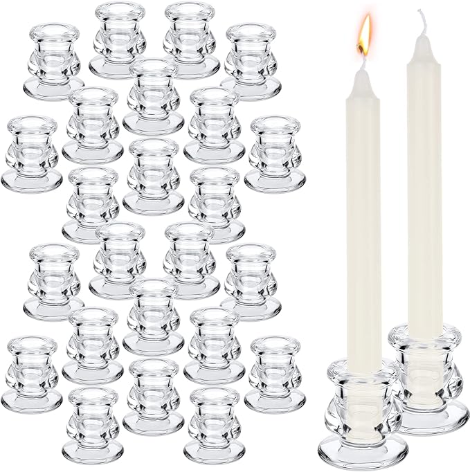 Photo 1 of 24 Pcs Candlestick Holders Glass Clear Taper Candle Holders 2.2" High Candle Stick for Wedding Centerpieces Decor Party Supplies