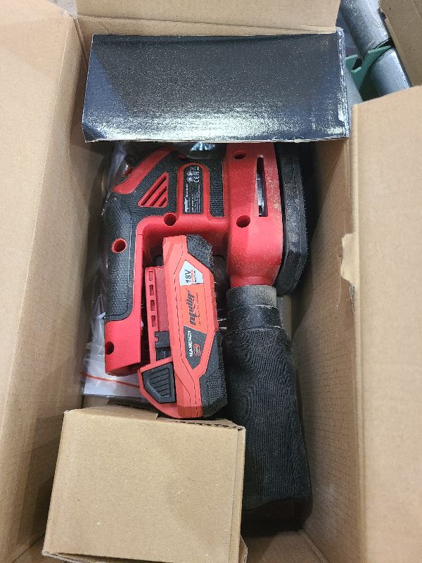 Photo 1 of 1.9Amp Cordless Detail Sander Compatible with Milwaukee 18v Battery, Dust Collector, Brushless 12,000 OPM Speed, Compact Soft Palm Grip, 10pcs Sanding Pads, 2.0Ah Charger & Battery Kit (Red)