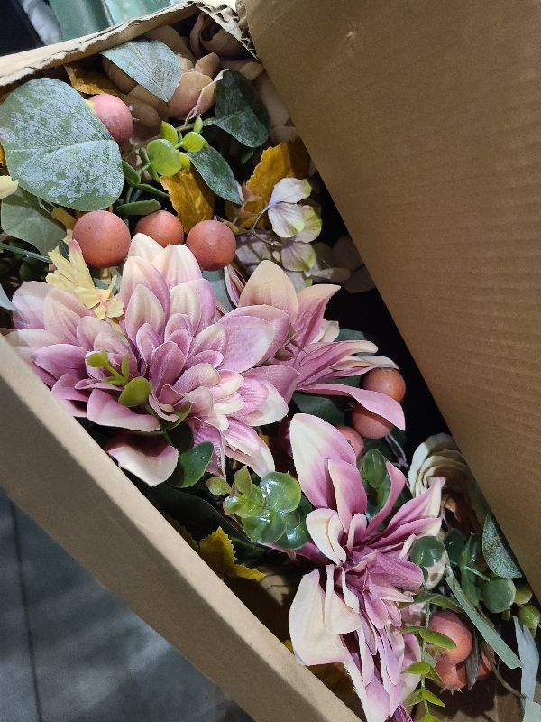 Photo 1 of 24" Fall Wreath for Front Door, Handmade with Faux Dahlia Camellia Sunflower Eucalyptus Maple Leaf Small Pomegranate, Fall Decor for Home Farmhouse Door Wall Window