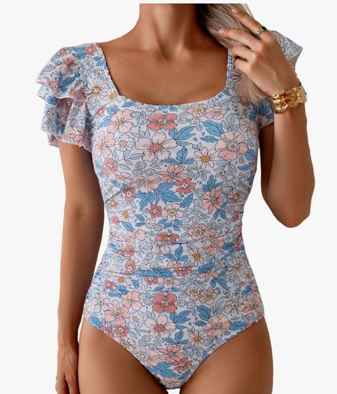 Photo 1 of 
Eomenie Women's Tummy Control One Piece Swimsuit Ruffle Square Neck Bathing Suit Ruched Cutout Back Slimming Swimwear.  L.
