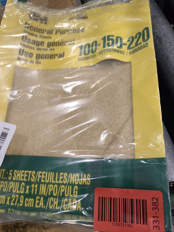 Photo 1 of 3M Aluminum Oxide Sandpaper, 5 Sheets, Assorted Grit 100-150-220, 9-in x 11-in, Multi-Purpose Abrasive Sanding Paper, For General Purpose Sanding On Paint, Wood and Metal (9005NA)