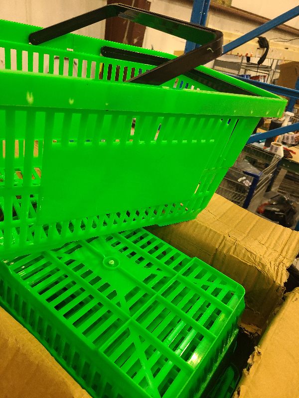 Photo 1 of 12 Pcs Shopping Baskets 20 L Plastic Store Retail Baskets with Handles 16.9 * 11.8 * 9.1 Inches for Market Grocery Supplies Thrift Convenience Storage(Green)