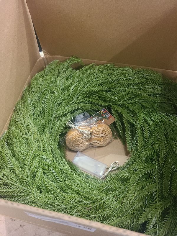 Photo 1 of 24 Inch Real Touch 2 Pcs Norfolk Pine Wreath Christmas Decorations for Front Door, Artificial Plants Green Christmas Wreath with Lights Home Decor, Xmas Decor for Mantel Wall Holiday Winter Decor