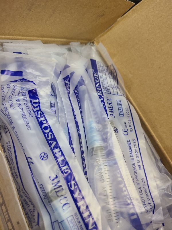 Photo 1 of 100 Pack Disposable 3ml/cc Lab Syringes with 23Ga 1 Inch Needle Luer Lock, Individually Sealed Packed