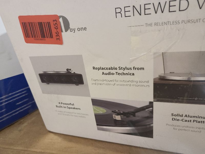 Photo 1 of 1 by ONE High Fidelity Belt Drive Turntable with Built-in Speakers, Vinyl Record Player with Magnetic Cartridge, Bluetooth Playback and Aux-in Functionality, Auto Off