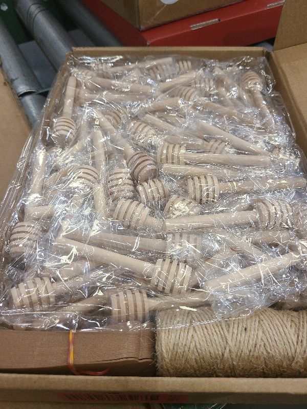 Photo 1 of 100Pcs 3 Inch Wood Honey Dipper Sticks with Natural Jute Twine & Kraft Paper Tags for Honey Jar Dispense Drizzle Honey Wedding Party Family by BNK