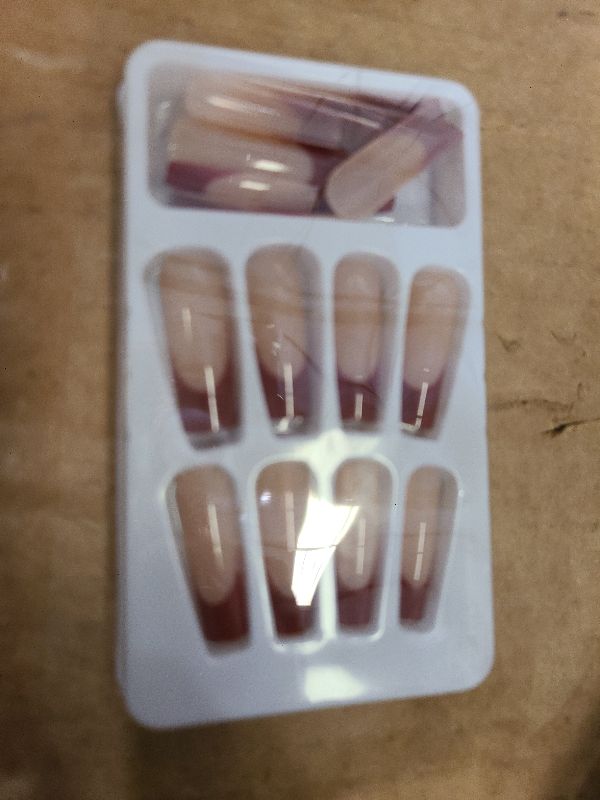 Photo 1 of 24Pcs Red French Tip Press on Nails Long Coffin Fake Nails Reusable False Nails Kit Acrylic Coffin Nails Press ons Artificial Glue on Nails Nude Full Cover Stick on Nails for Women Girls