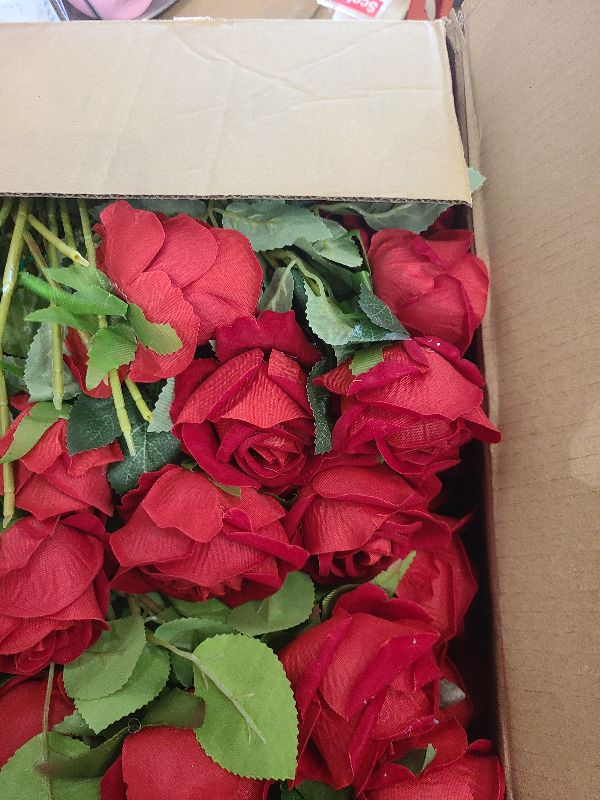 Photo 1 of 100 Pcs Red Roses Artificial Flowers Bulk, Real Touch Velvet Roses with Wrapping Paper, Fake Flowers for Wedding Centerpieces Bridal Bouquet Valentines Mothers Day Decor