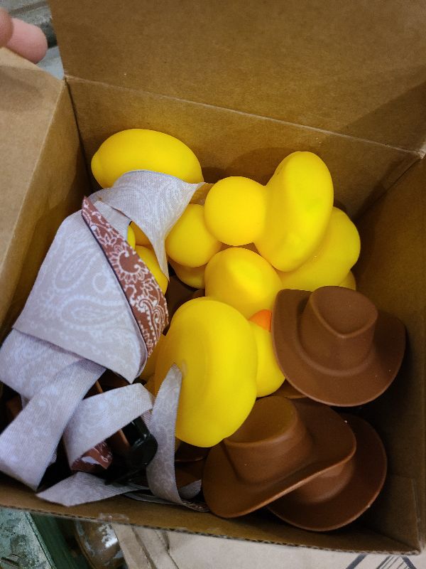 Photo 1 of 24 Set Cowboy Rubber Duck Mini Yellow Duckies Bath Party Toy Tiny Ducks Bathtub Toy with Cowboy Hat Paisley Bandanas Sunglasses for Summer Baby Shower Birthday Swimming Party Favor (Brown)