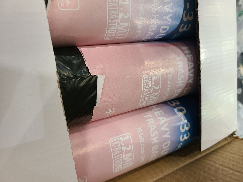 Photo 1 of 30-33 Gallon 1.2 Mil Heavy Duty Trash Bags 120 Count with 4 Innovative Flap Ties | Compatible with Rubbermaid Brute & Winco & Behrens 30-33 Gallon Round Trash Can | Tear & Leak Resistant Black