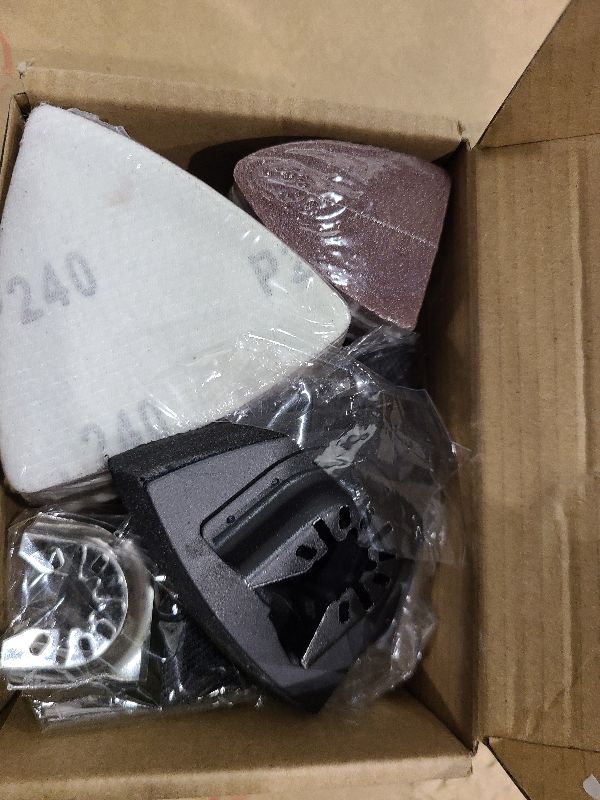 Photo 1 of 104Pcs Oscillating Tool Detail Sanding Pads Kit 2Pcs Triangle Sanding Pads and 2Pcs Finger Sanding Pad 100Pcs Multitool Sandpaper Grit Fit for Finishing Wood Sanding Plaster