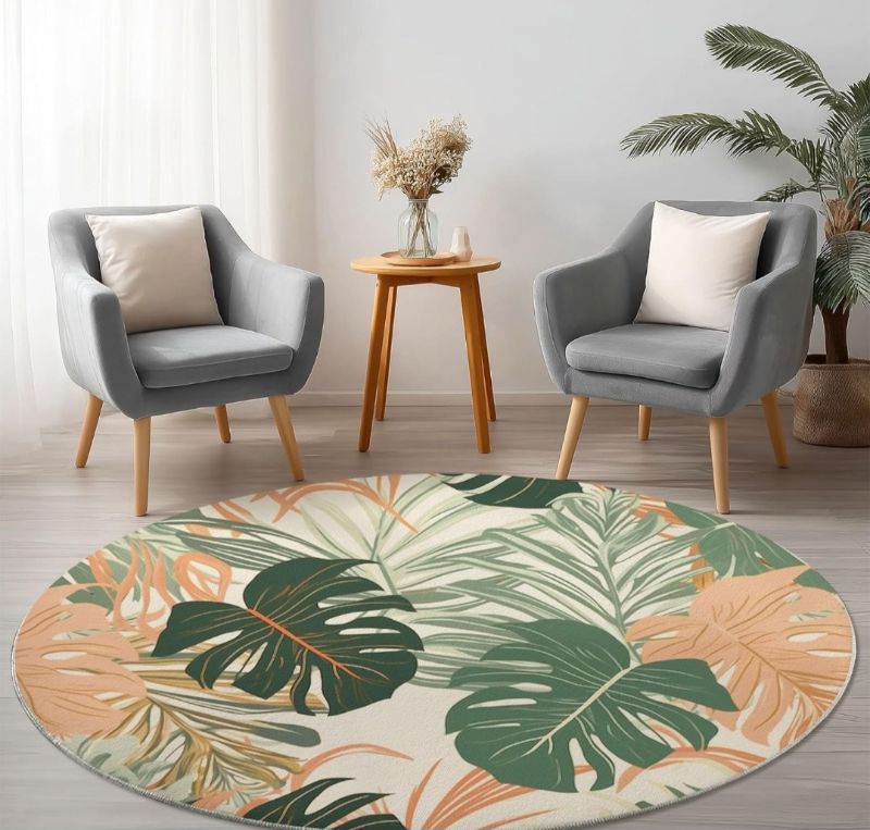 Photo 1 of 4 ft Round Area Rugs for Living Room, Stain Resistant Elegant Tropical Leaf Lines Print - Soft Thin Non-Slip Carpet for Bedroom Apartment Entryway Home Office Decor, Peach