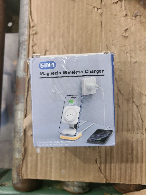 Photo 1 of 5-in-1 Magnetic Wireless Charging Stand for Apple MagSafe Charger with Night Light for iPhone 16/15/14/13/12, Watch, AirPods, Travel Magnetic Charger Nightstand Charging Station (Adapter Included)